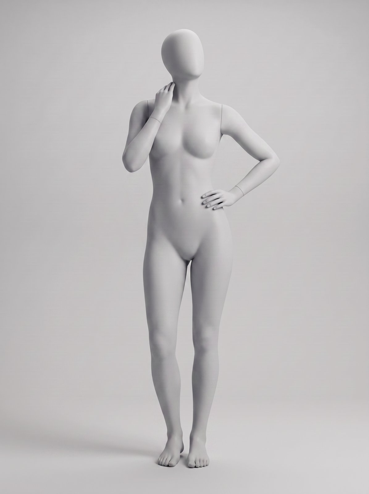 Light grey female mannequin pose reference: hand on hip with the other hand raised to the neck and hip shifted