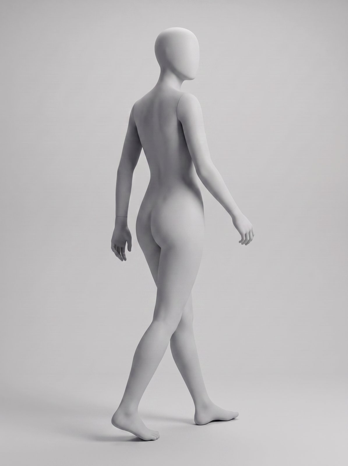 Light grey female mannequin pose reference: walking away mid-step while glancing back over the shoulder