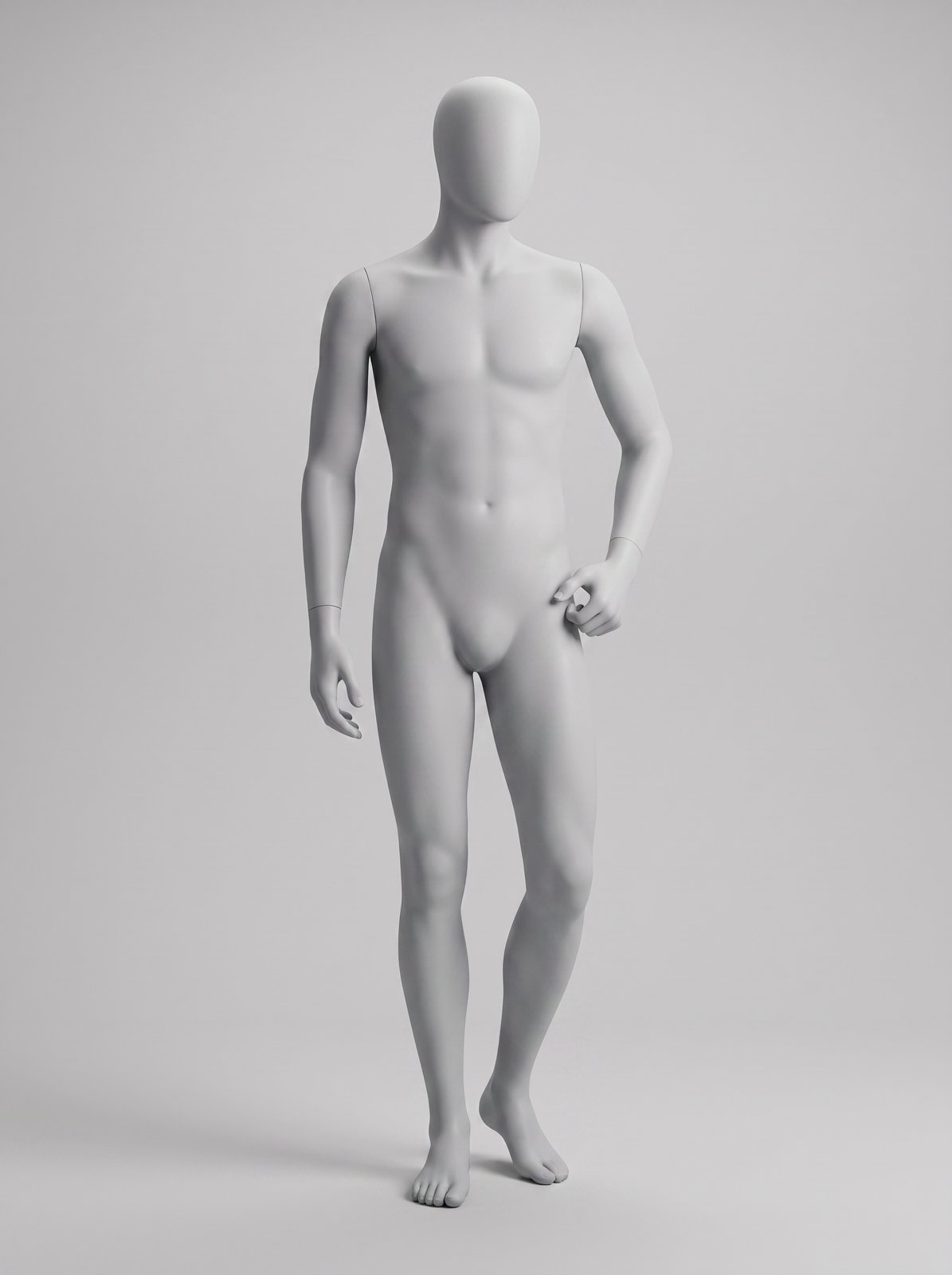 Light grey male mannequin pose reference: relaxed contrapposto stance with thumb hooked at the hip, on a neutral grey studio background