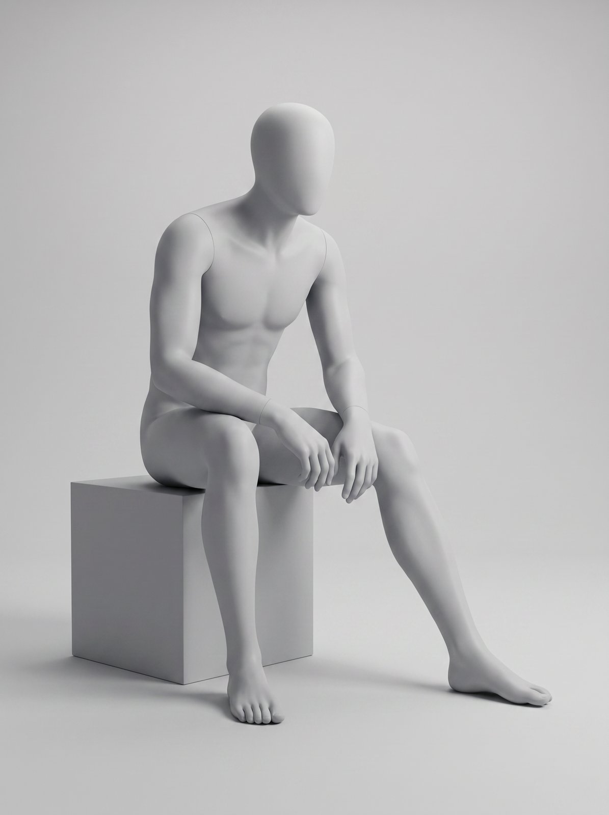 Light grey male mannequin pose reference: seated on a cube leaning forward with one leg extended and head turned