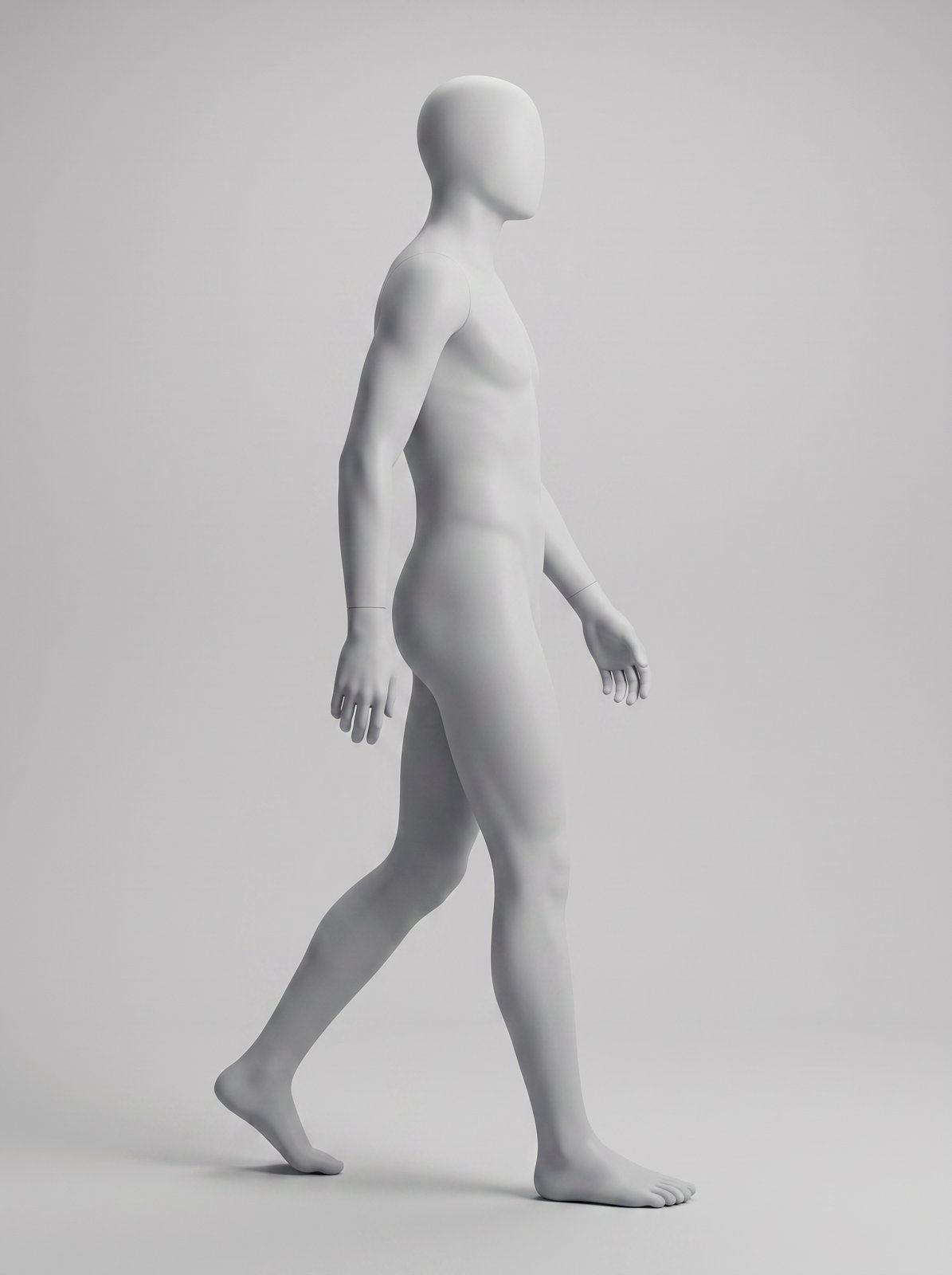 Light grey male mannequin pose reference: side profile mid-stride with back heel lifted