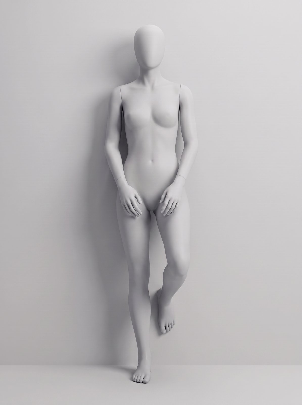 Light grey female mannequin pose reference: leaning back against a wall with one foot up and knee bent