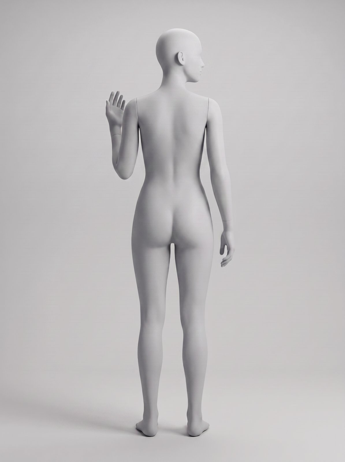 Light grey female mannequin pose reference: back view with weight on one hip and head turned to profile