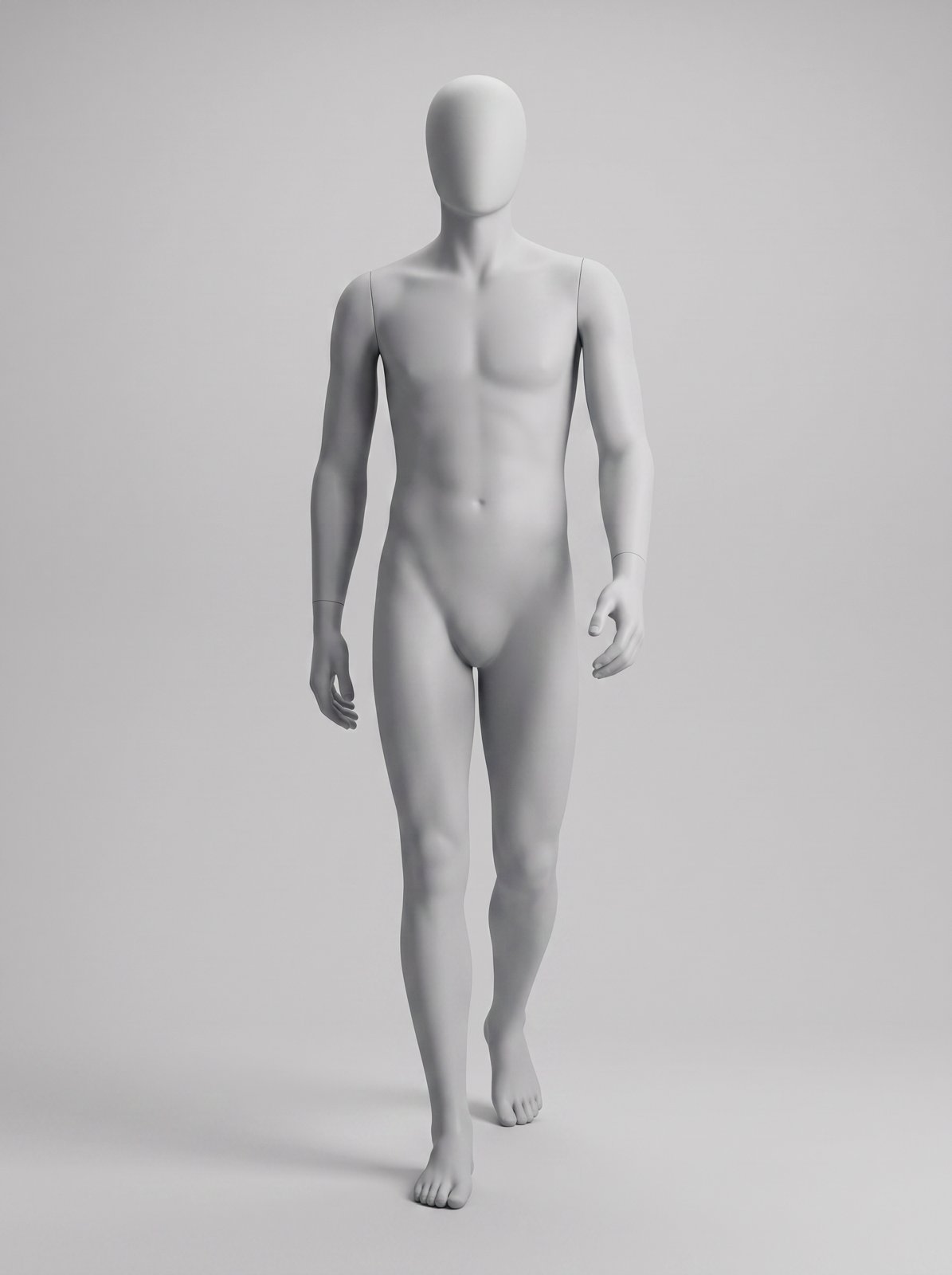 Light grey male mannequin pose reference: confident runway stride toward the camera with full arm swing