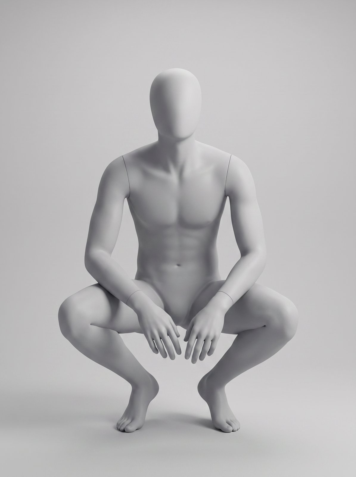 Light grey male mannequin pose reference: low street-style crouch with elbows on knees and head up