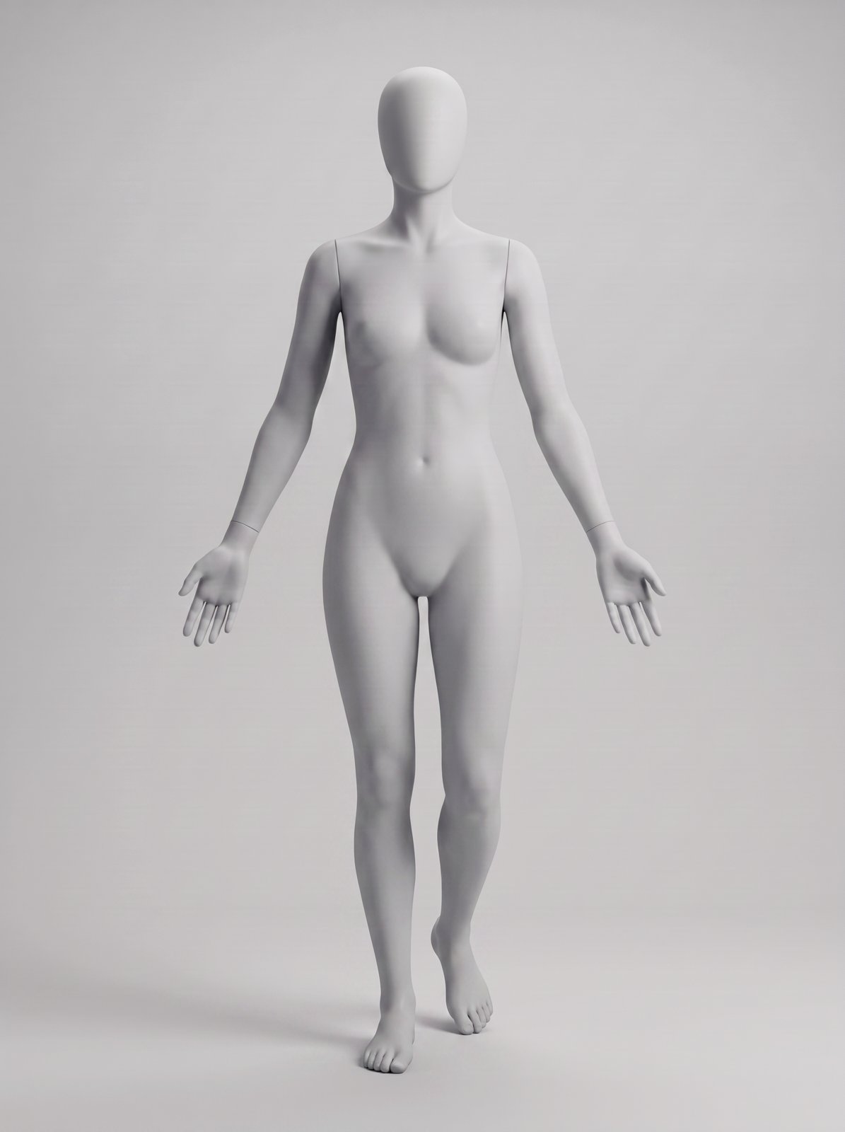 Light grey female mannequin pose reference: relaxed A-pose with palms forward and one heel raised mid-turn