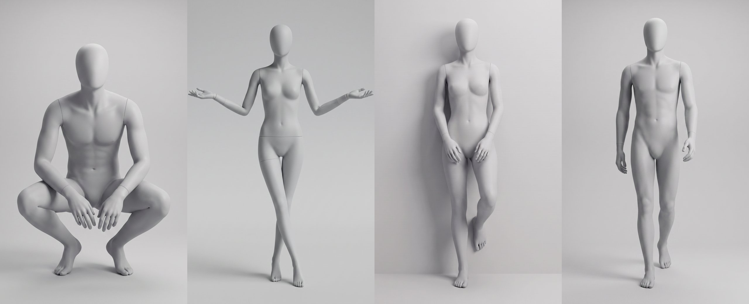 AI model pose prompts: light grey mannequin pose reference library by The Fabricant