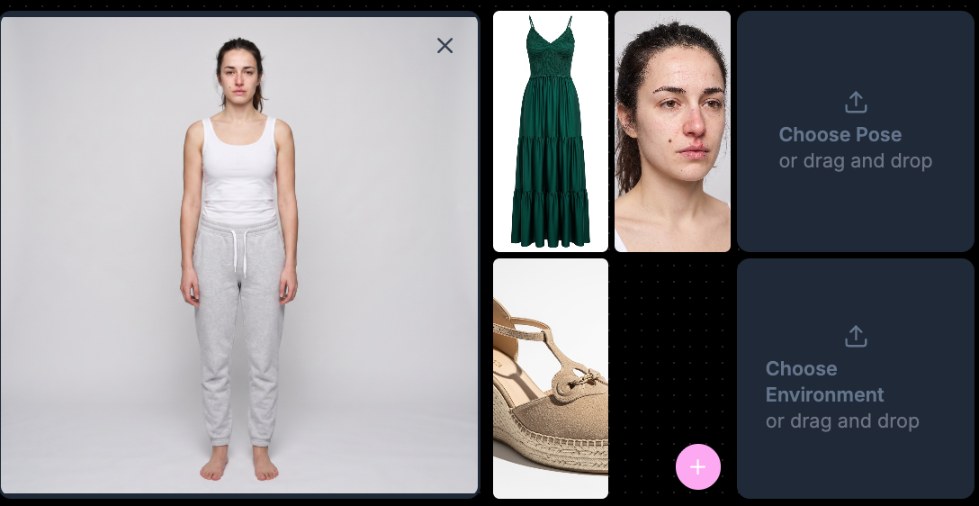 Photo Studio setup with the full-body character card in the person slot and the face close-up card loaded with the garments