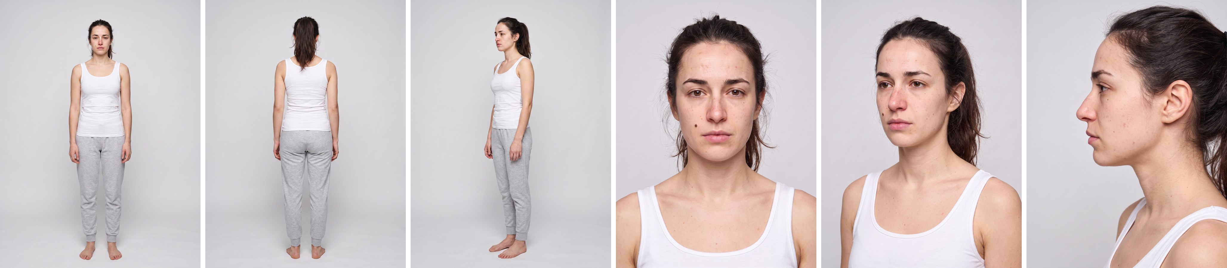 Character card set of the same AI fashion model: three full-body views and three face close-ups, generated with The Fabricant Intelligent Tools