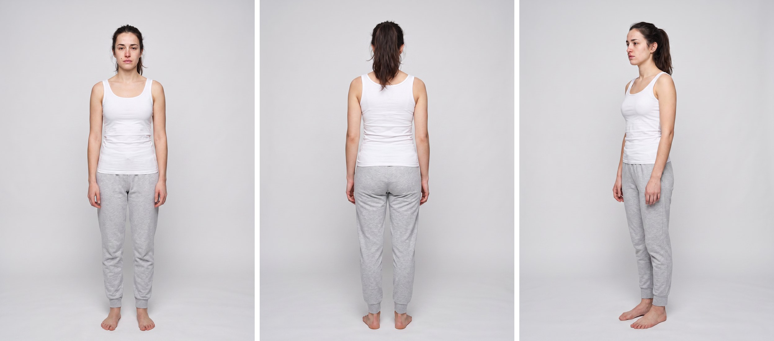 Three full-body character cards of the same AI model: frontal, back and side view in a neutral outfit
