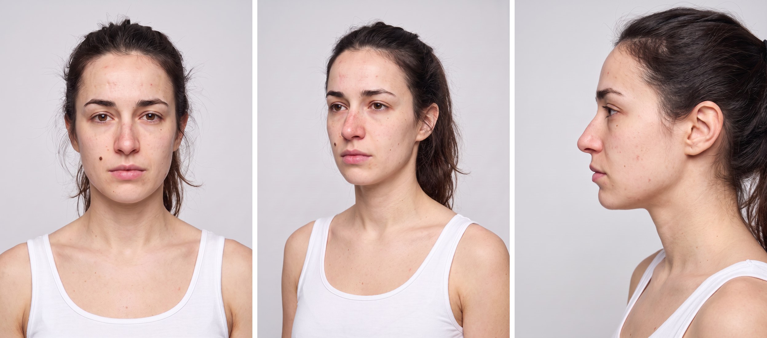 Three face close-up character cards of the same AI model: front, three-quarter and side profile