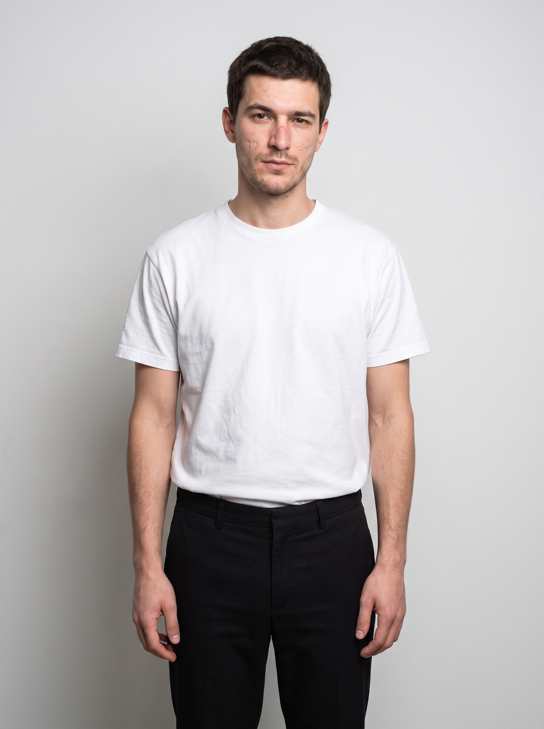 Ultra-realistic AI model, full body on light grey studio backdrop