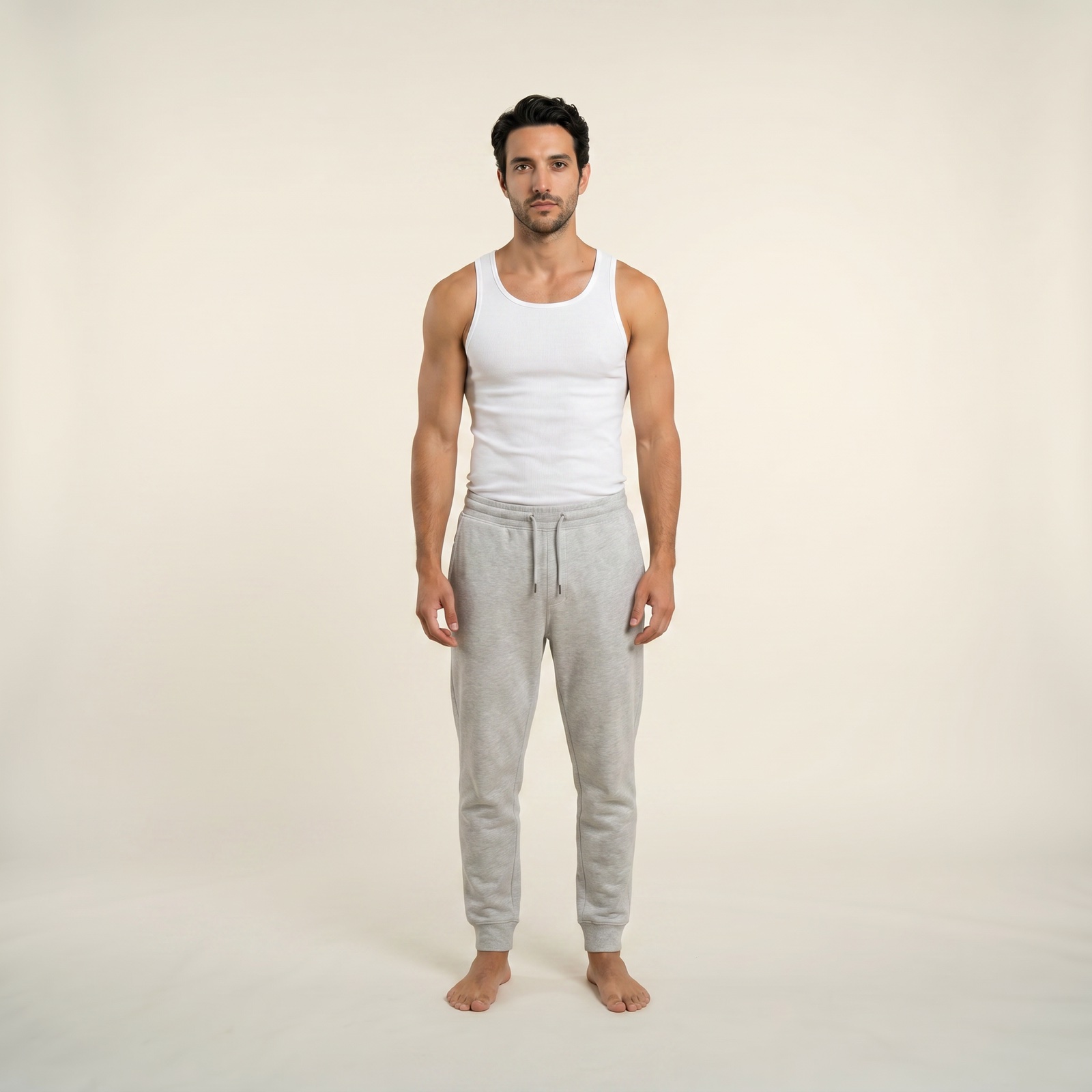 Male AI model with freckles, full body studio shot