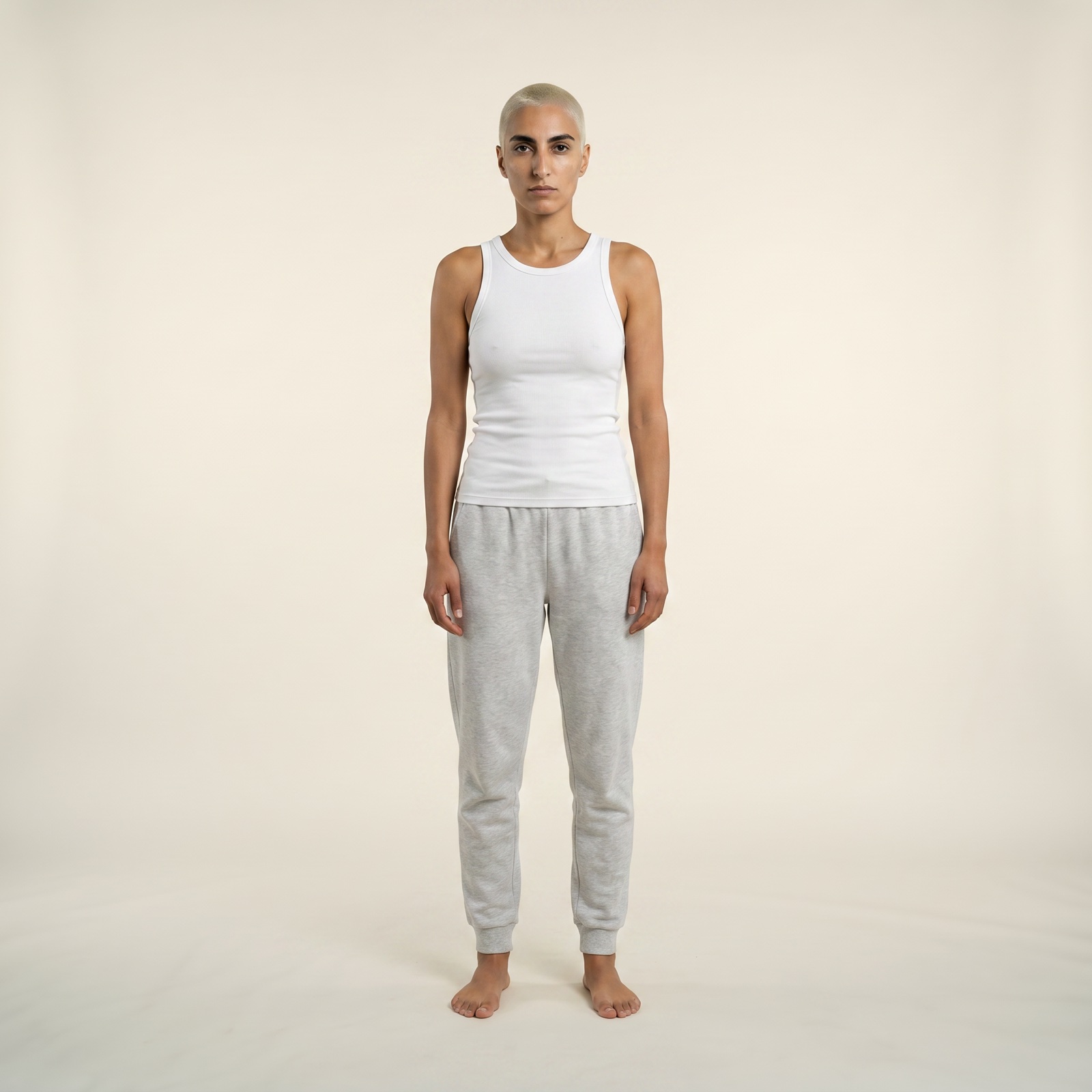 AI model with platinum buzz cut, full body studio shot