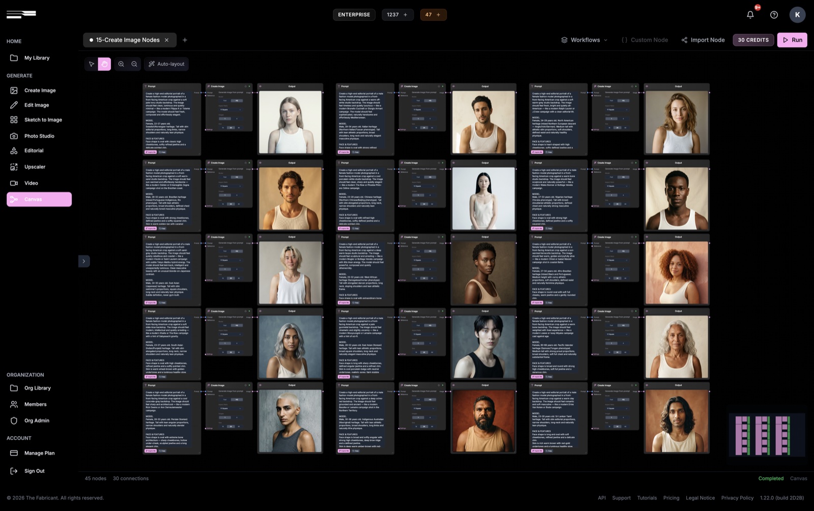 Canvas workflow with fifteen Create Image nodes generating fifteen models