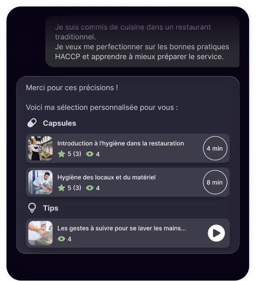 Interface de formation en hygiène alimentaire avec sélection de capsules vidéo et conseils sur le lavage des mains.