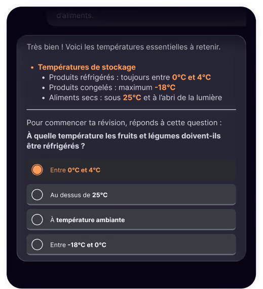 Extrait d'une interface en français sur les températures de stockage des aliments avec une question sur la température de réfrigération des fruits et légumes, proposant quatre options de réponse.