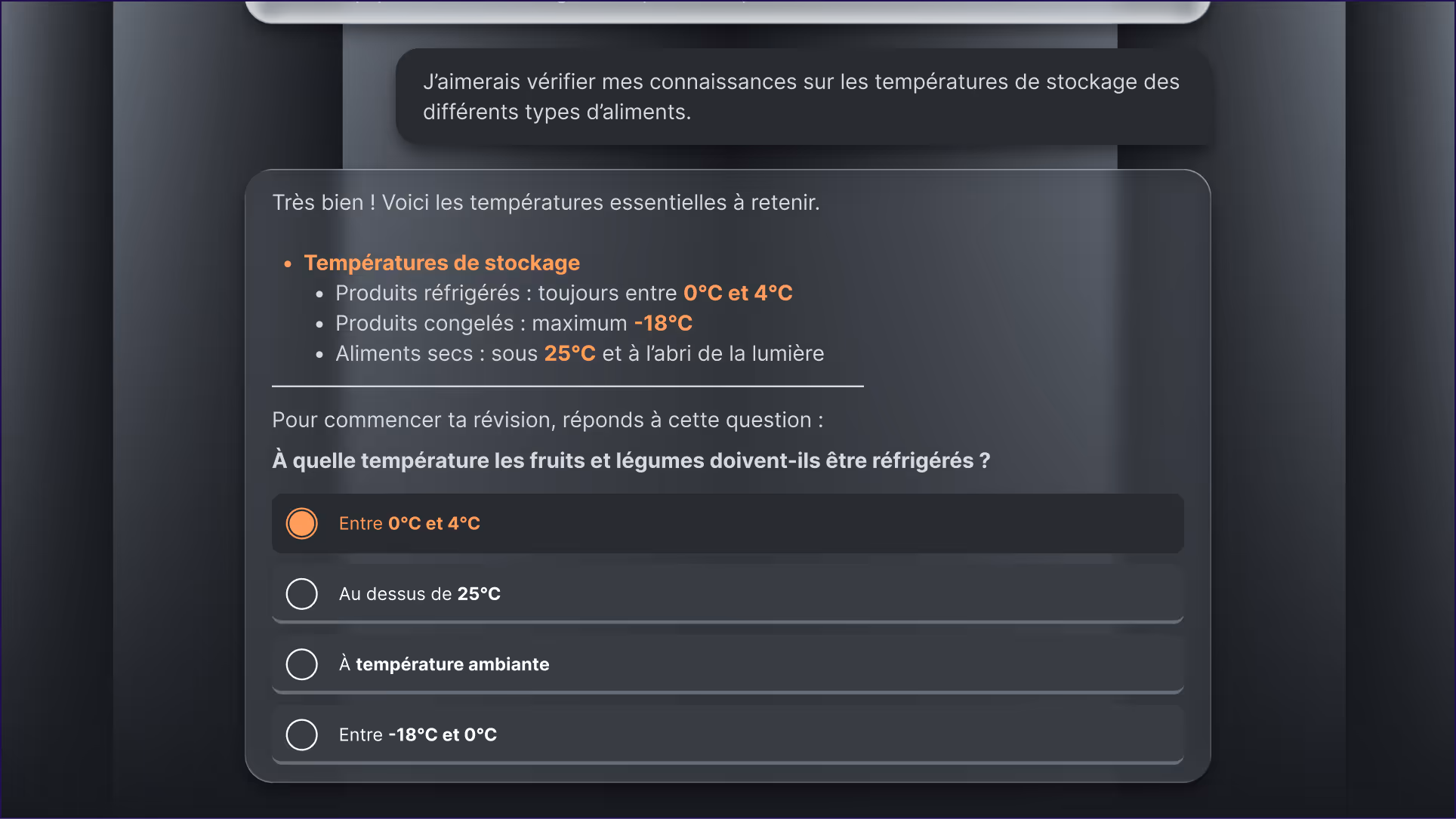 Interface de quiz en français sur les températures de stockage des aliments avec question sur la réfrigération des fruits et légumes et choix multiples, option entre 0°C et 4°C sélectionnée.
