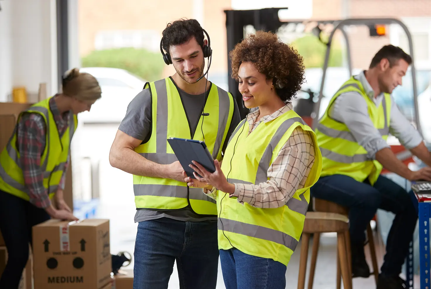 Deux employés en gilets de sécurité jaunes discutant devant une tablette dans un entrepôt avec des collègues travaillant en arrière-plan.