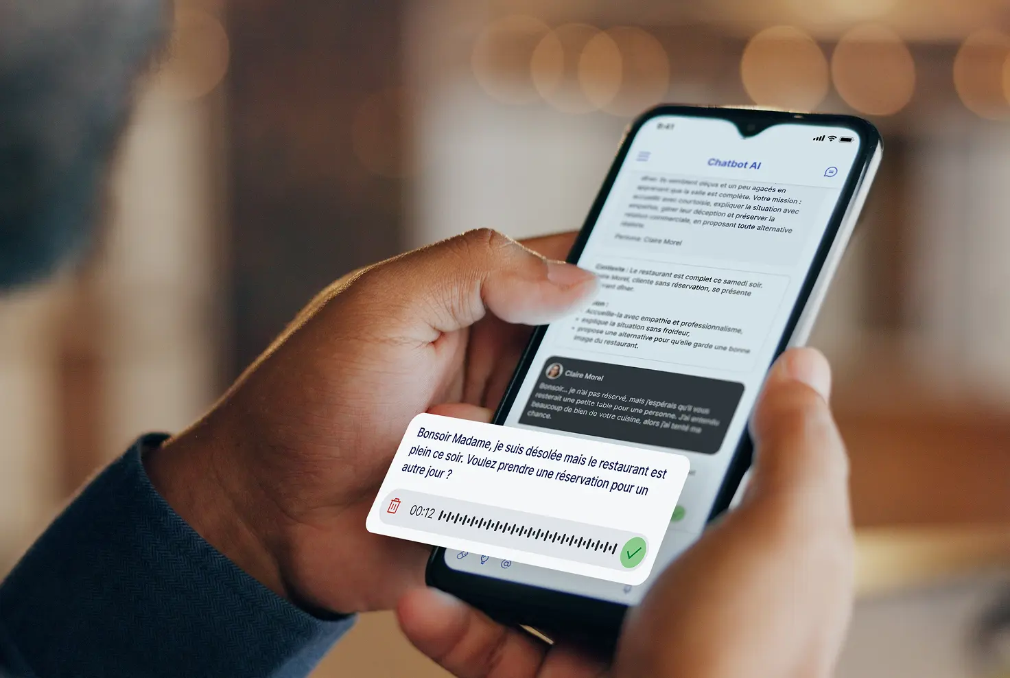 Une personne tient un smartphone affichant une conversation avec un chatbot AI en français, proposant une réponse vocale pour une réservation de restaurant complète.