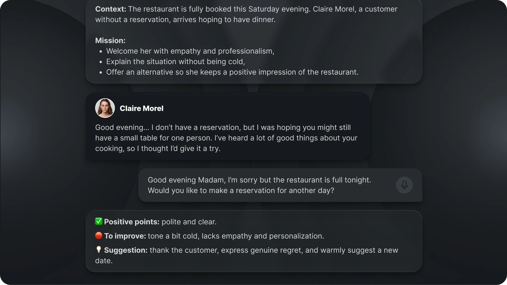 Simulation of a customer service conversation with Claire Morel requesting a table without a reservation and feedback on the response tone.
