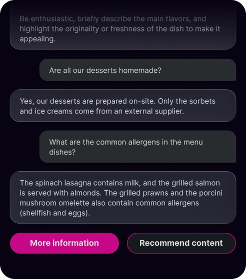 Conversation screen showing questions about desserts being homemade and common allergens in menu dishes, with answers about dessert preparation and allergen details, plus buttons labeled More information and Recommend content.