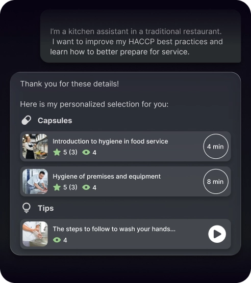 Capture d'écran d'une interface affichant une sélection personnalisée de capsules et conseils pour améliorer les pratiques HACCP en restauration, incluant des modules sur l'hygiène en service alimentaire et le nettoyage des mains.