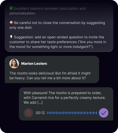 Capture d'écran d'une conversation de messagerie avec des conseils pour une meilleure interaction client : un bon équilibre entre description et personnalisation, éviter de suggérer un seul plat, et une suggestion d'ajout de question ouverte. Un utilisateur nommé Marion Leclerc exprime ses doutes sur un risotto, suivi d'une réponse détaillant la préparation du risotto avec du riz Carnaroli.