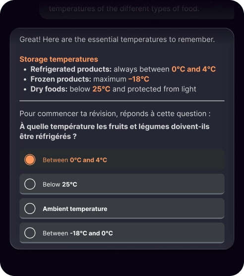 Liste des températures de stockage essentielles : produits réfrigérés entre 0°C et 4°C, produits congelés jusqu’à -18°C, aliments secs sous 25°C protégés de la lumière, suivie d’une question en français sur la température de réfrigération des fruits et légumes avec plusieurs choix, dont la bonne réponse sélectionnée entre 0°C et 4°C.