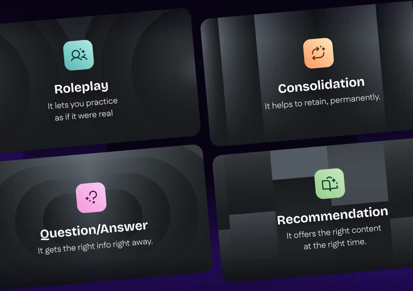 Quatre cartes avec des icônes colorées et des descriptions : Simulation permet de pratiquer comme si c'était réel, Consolidation aide à retenir définitivement, Question/Réponse fournit les bonnes informations immédiatement, Recommandation offre le bon contenu au bon moment.