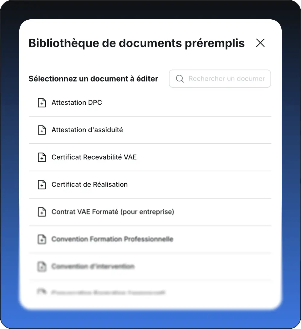 Interface d'une bibliothèque de documents préremplis listant plusieurs documents officiels à sélectionner et éditer.