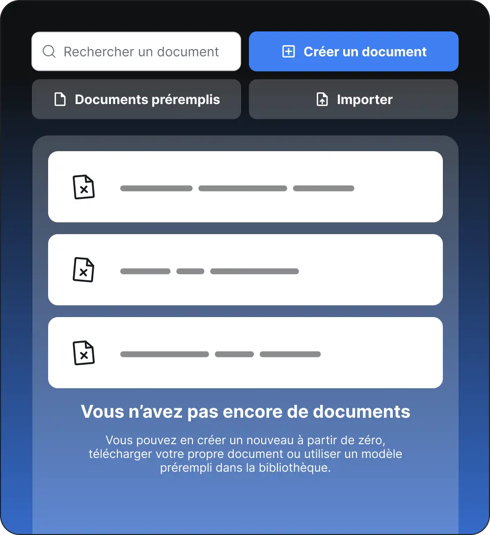 Interface utilisateur en français montrant des options pour rechercher un document, créer un nouveau document, accéder aux documents préremplis ou importer, avec un message indiquant qu'il n'y a pas encore de documents disponibles.