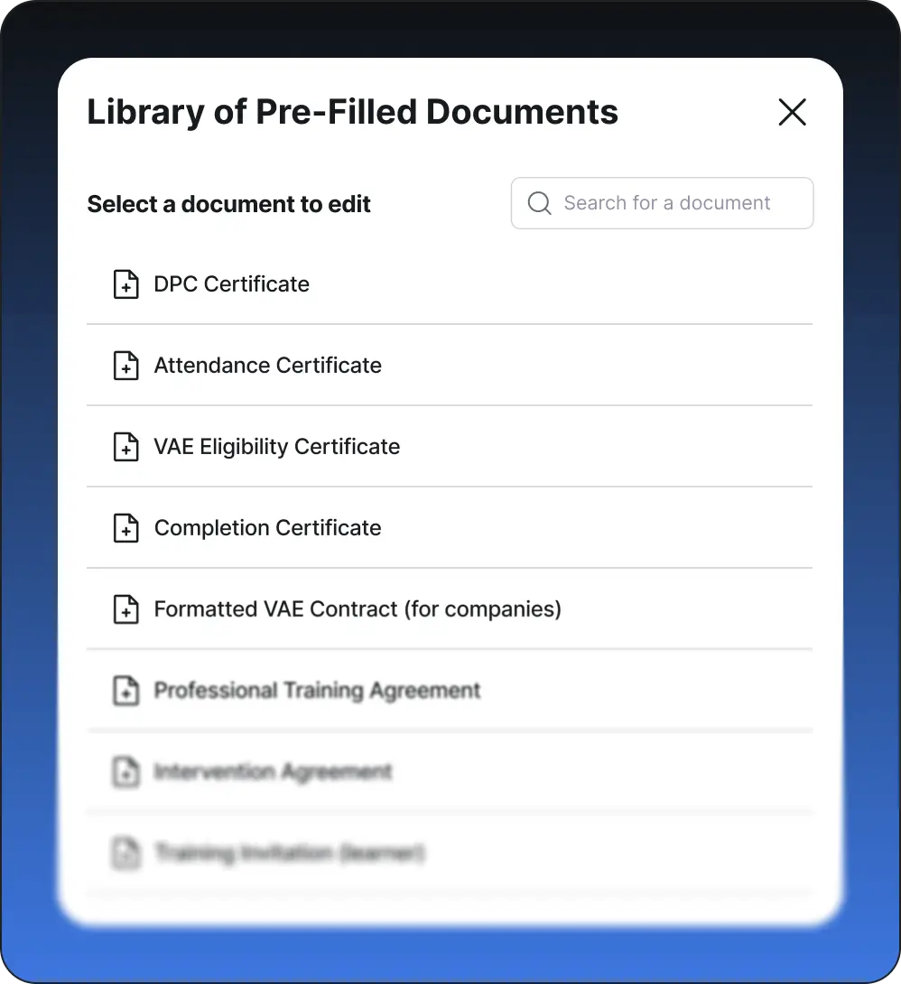 Bibliothèque de documents pré-remplis listant certificats et contrats avec une barre de recherche, certains documents sont gris et non sélectionnables.