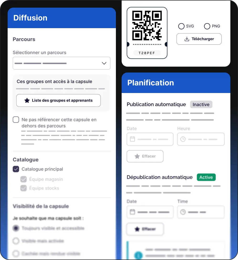 Interface utilisateur de gestion de diffusion et planification avec options pour sélectionner un parcours, afficher des groupes, choisir un catalogue, régler la visibilité de la capsule, télécharger un QR code, et configurer la publication automatique inactive et la dépublication automatique active avec date et heure.