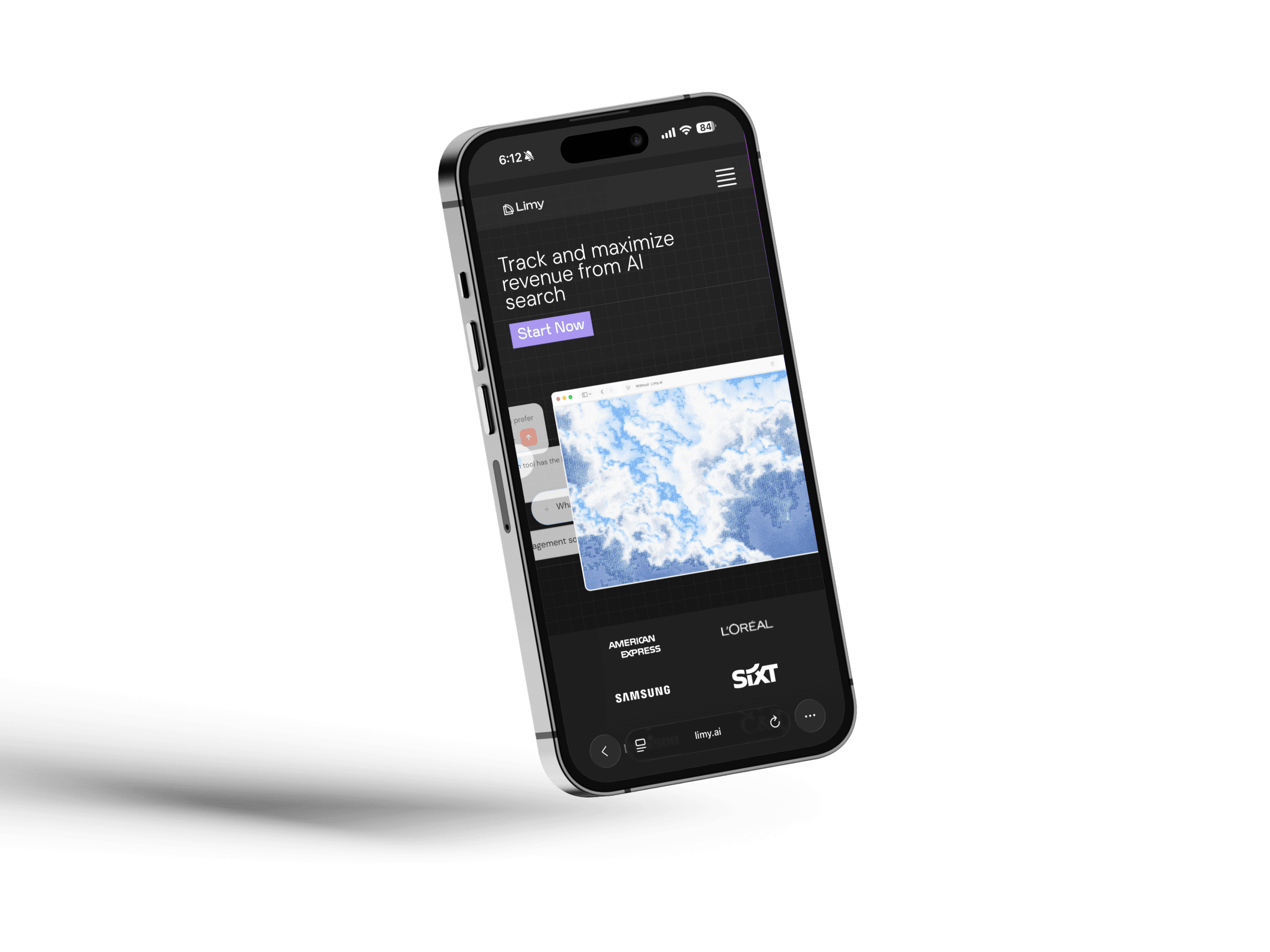 Smartphone displaying Limy website with call to action to track and maximize revenue from AI search and logos of American Express, L'Oréal, Samsung, and Sixt.