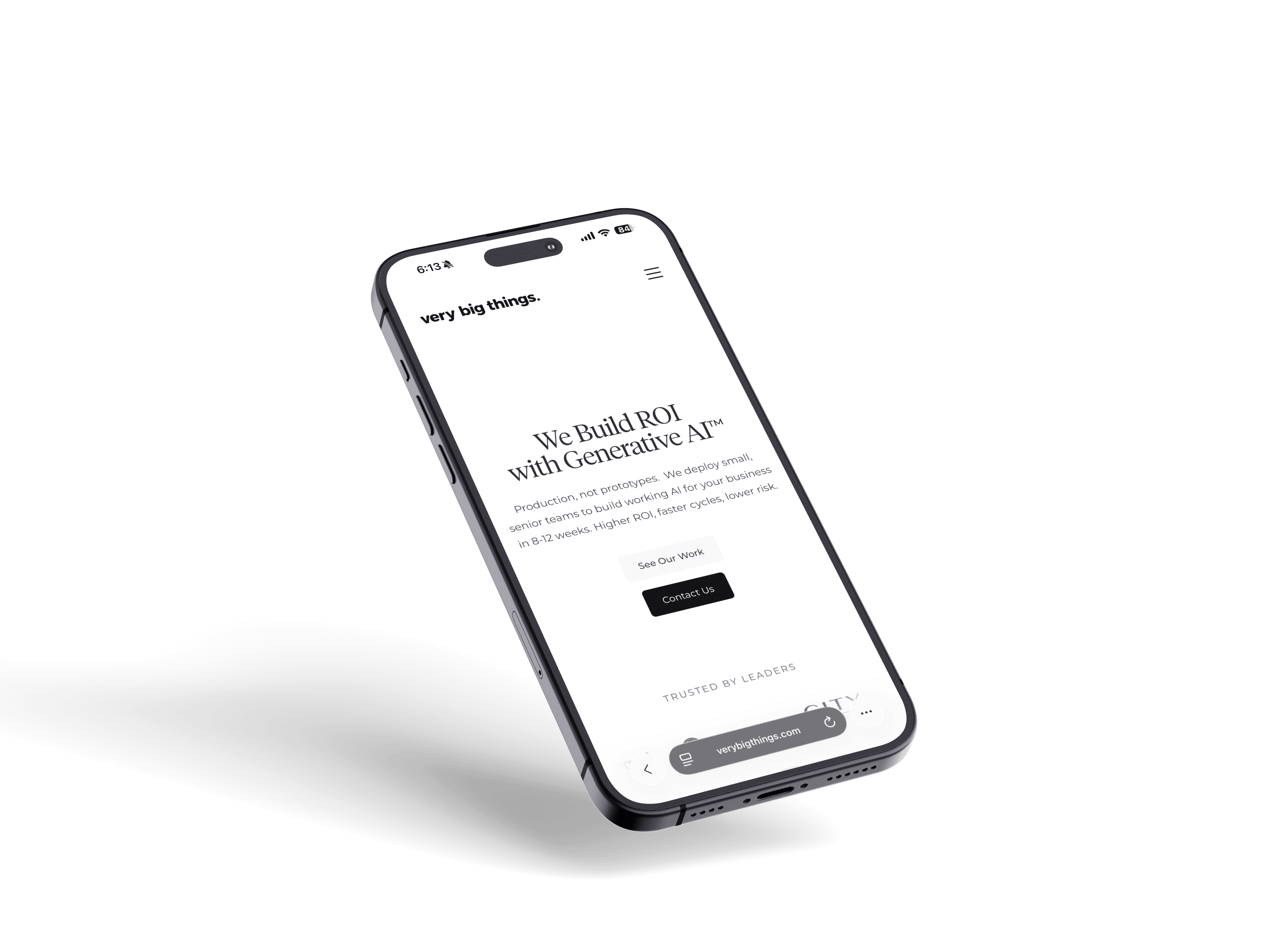 Smartphone displaying a website with the headline 'We Build ROI with Generative AI' and buttons labeled 'See Our Work' and 'Contact Us'.