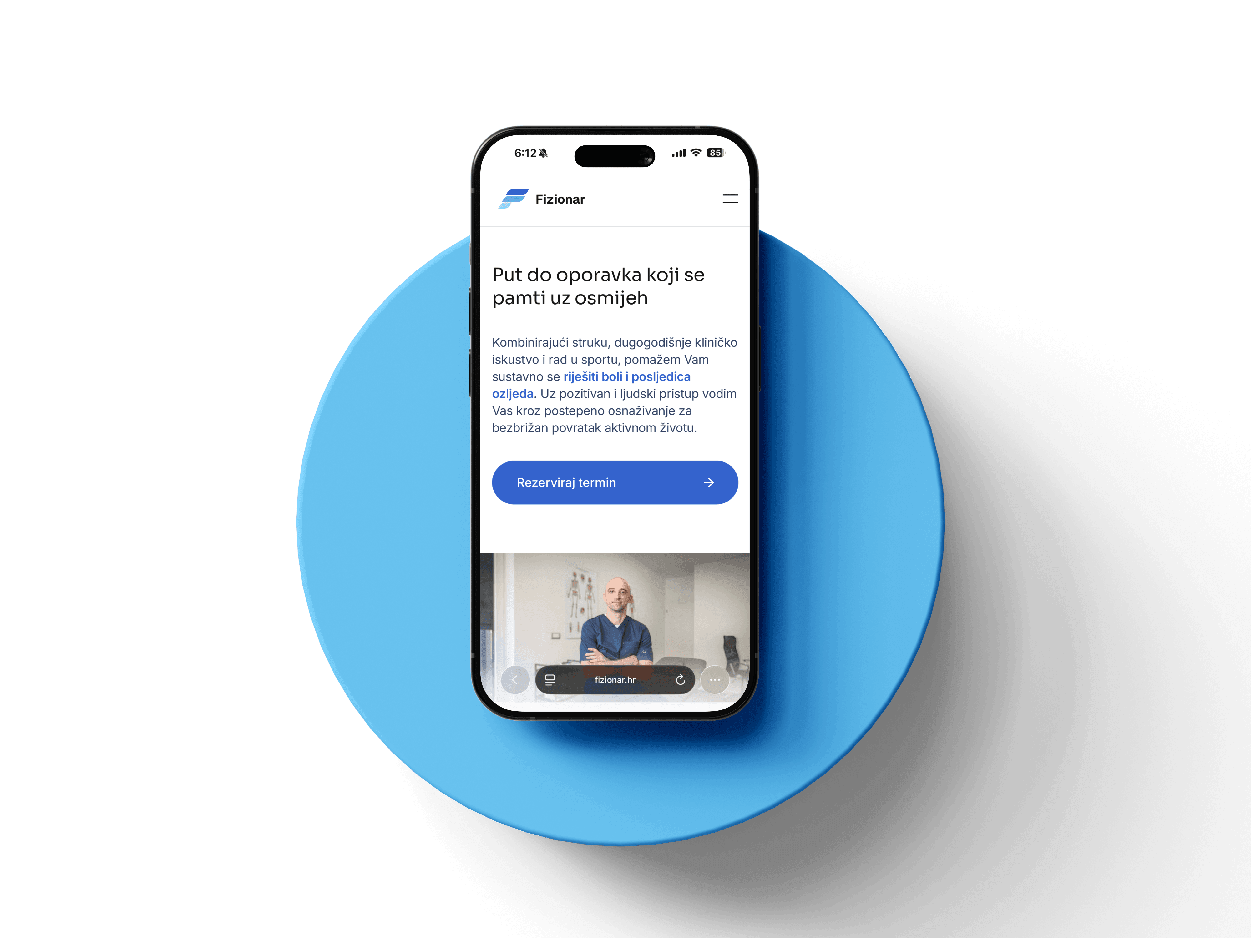 Smartphone displaying a physiotherapy website homepage with a photo of a male therapist and text in Croatian about recovery and pain relief, with a blue 'Reserve appointment' button.