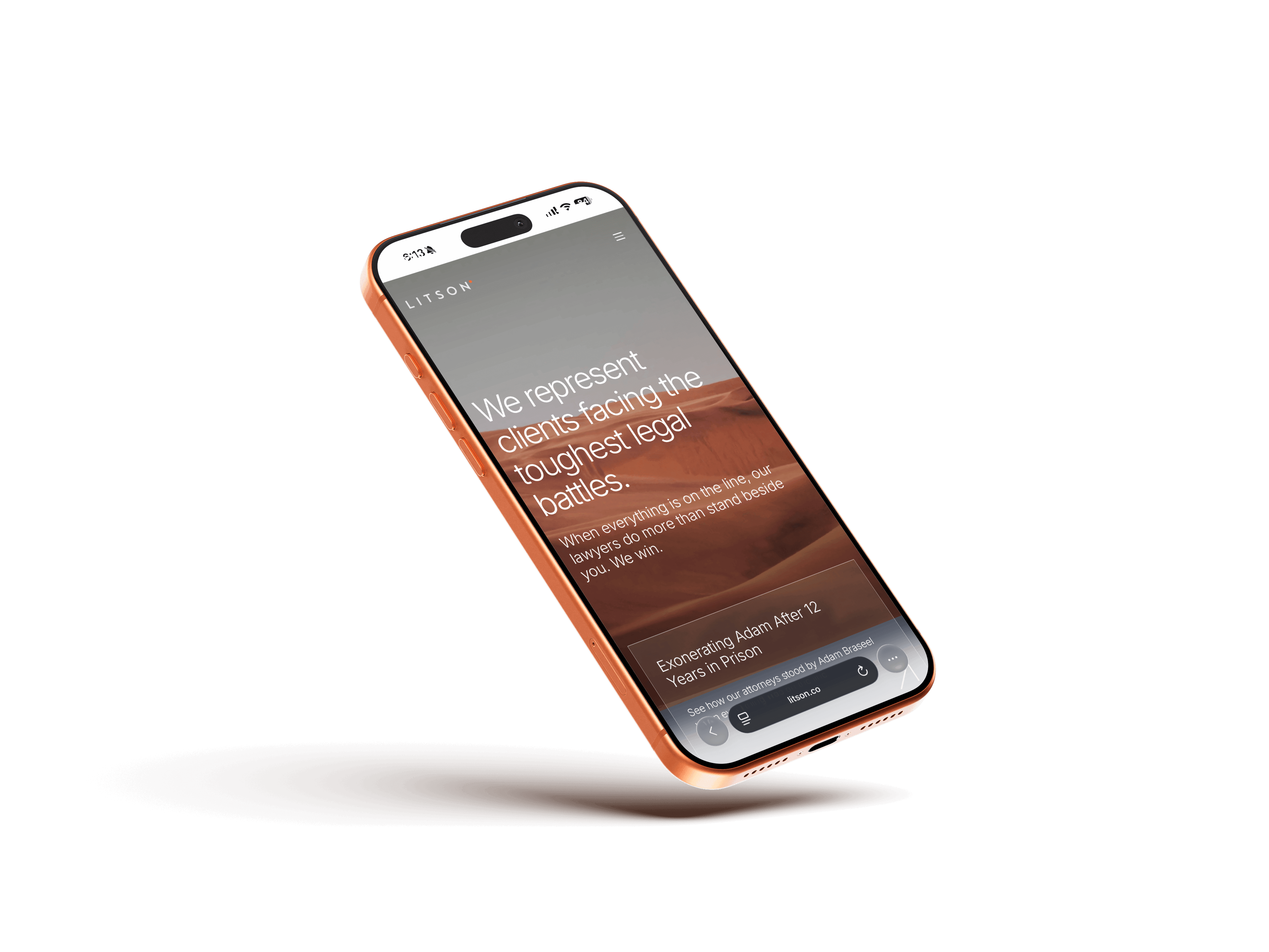 Smartphone screen displaying a law firm website with text about representing clients facing tough legal battles and exonerating Adam after 12 years in prison.