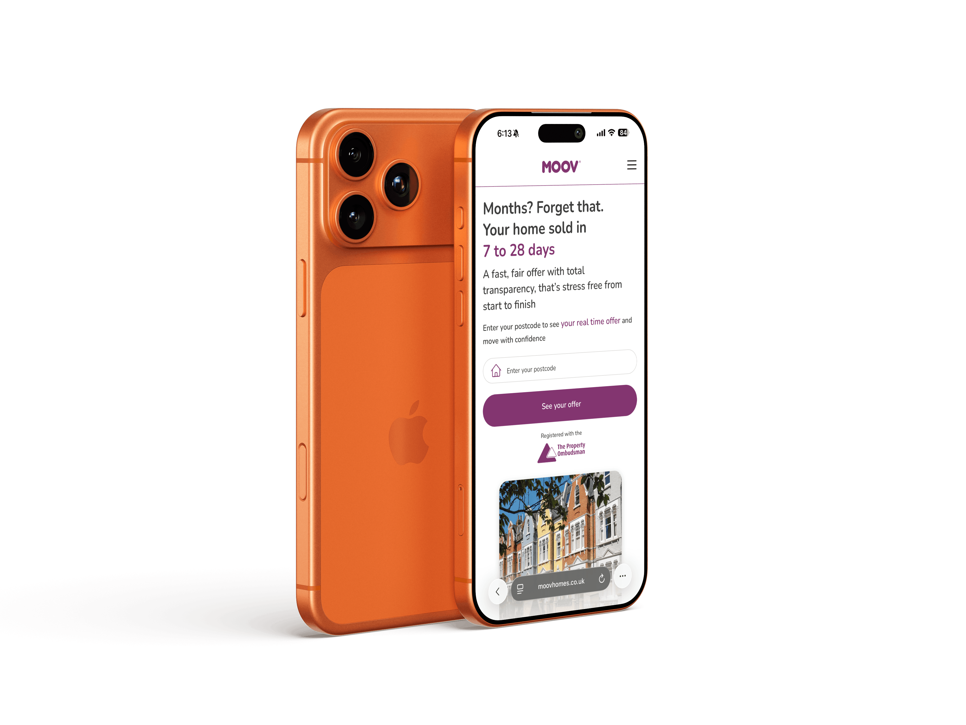 Orange iPhone displaying MOOV website with text about selling homes in 7 to 28 days and a postcode entry field.