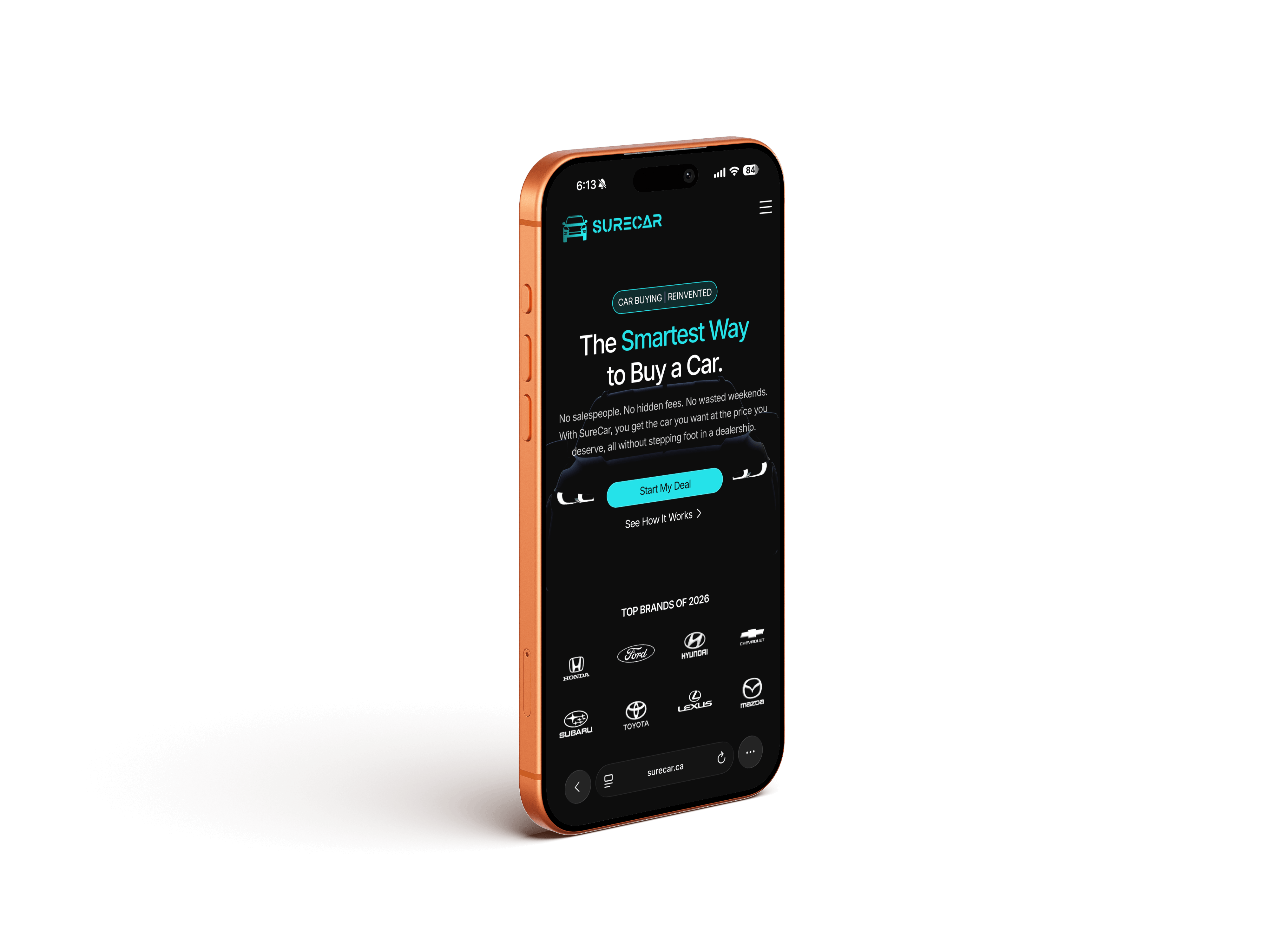 Smartphone displaying SureCar app with tagline about smart car buying, a call button, and logos of car brands.