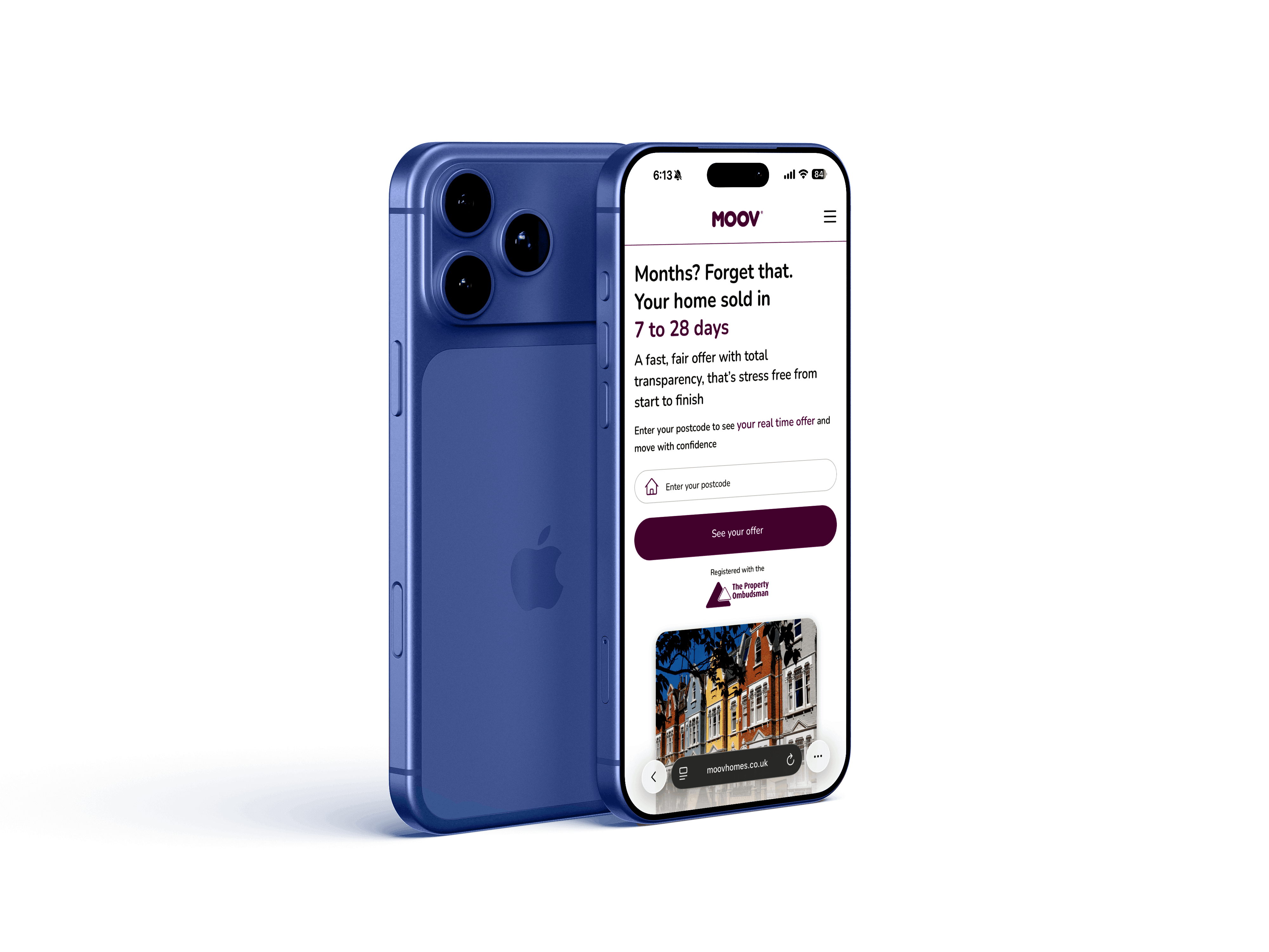 Blue iPhone displaying MOOV website with text about selling homes in 7 to 28 days and a postcode entry field.