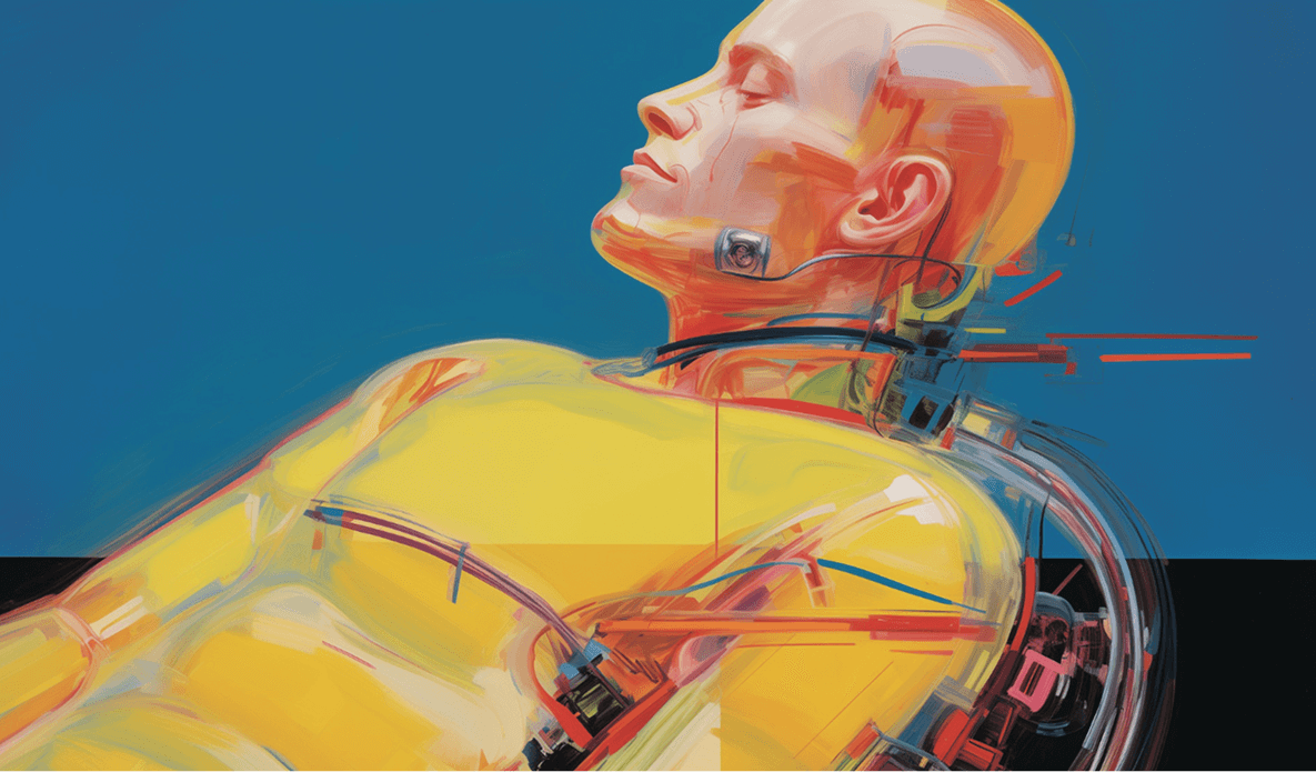 Mechanical humanoid figure resting or powering down against a blue background, suggesting synthetic life or robotics.