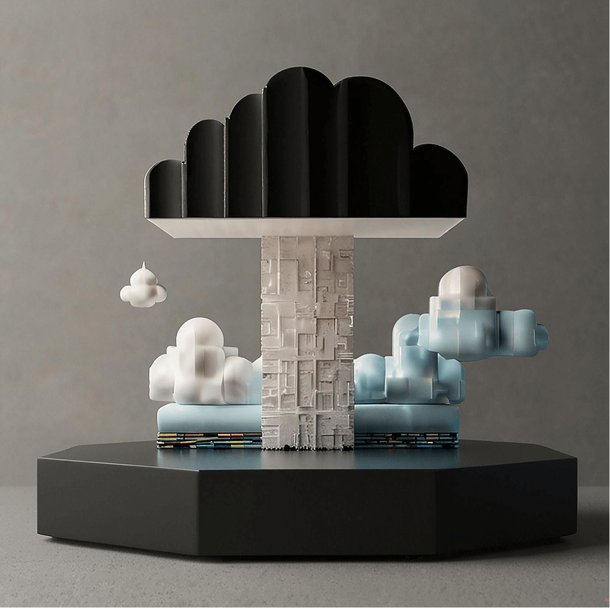 Abstract 3D sculpture of a black cloud above a futuristic cityscape diorama, blending natural and technological forms.