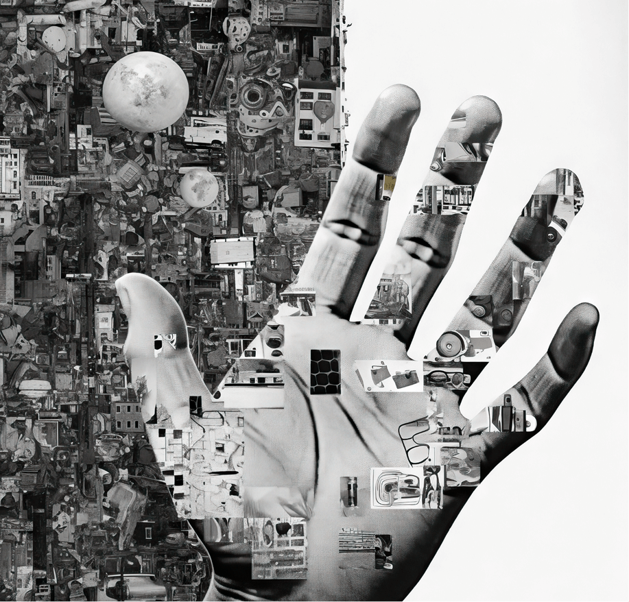 Robotic hand composed of black-and-white collage elements, symbolizing the intersection of AI and human identity.