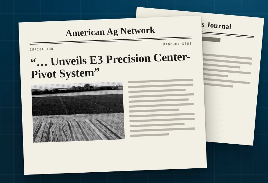 Newspaper clipping of the product launch story in American Ag Network, with another outlet's coverage behind it