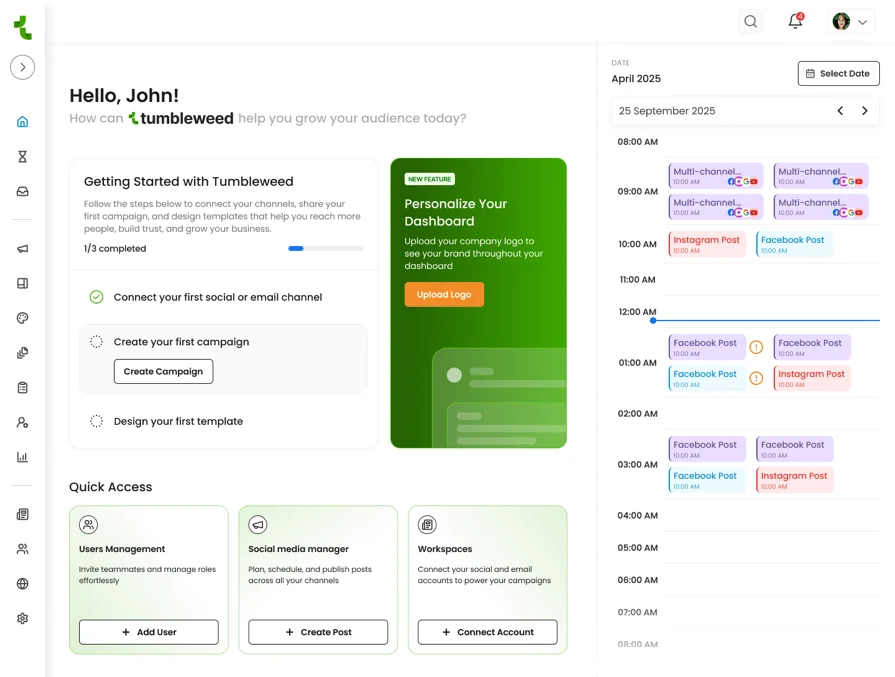 The Tumbleweed dashboard, where OEMs, suppliers, and retailers collaborate, design, plan posts, and manage campaigns
