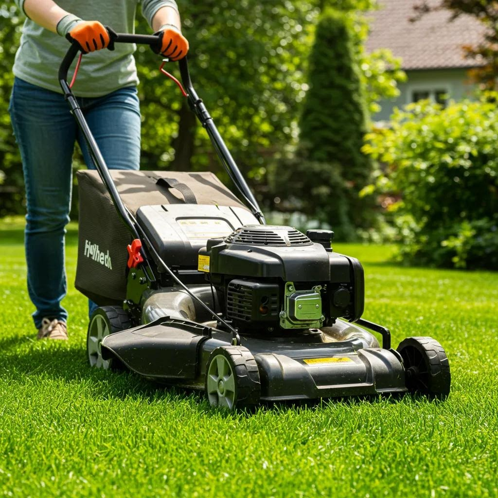 Homeowner safely mowing a lush green lawn with protective gear