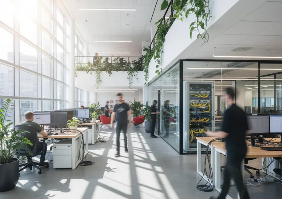 Abstract office with people, computers, and cabling.