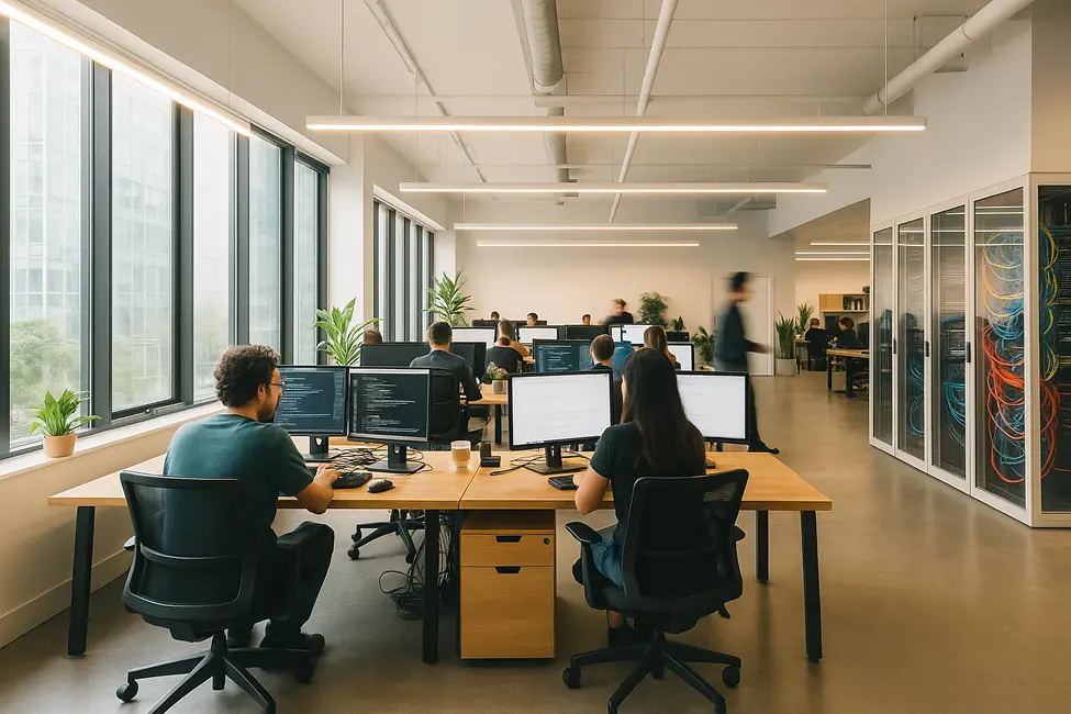 Abstract office with people, computers, and cabling.
