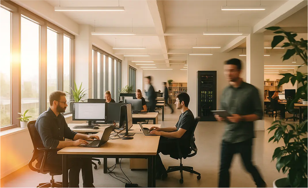 Abstract office with people, computers, and cabling.
